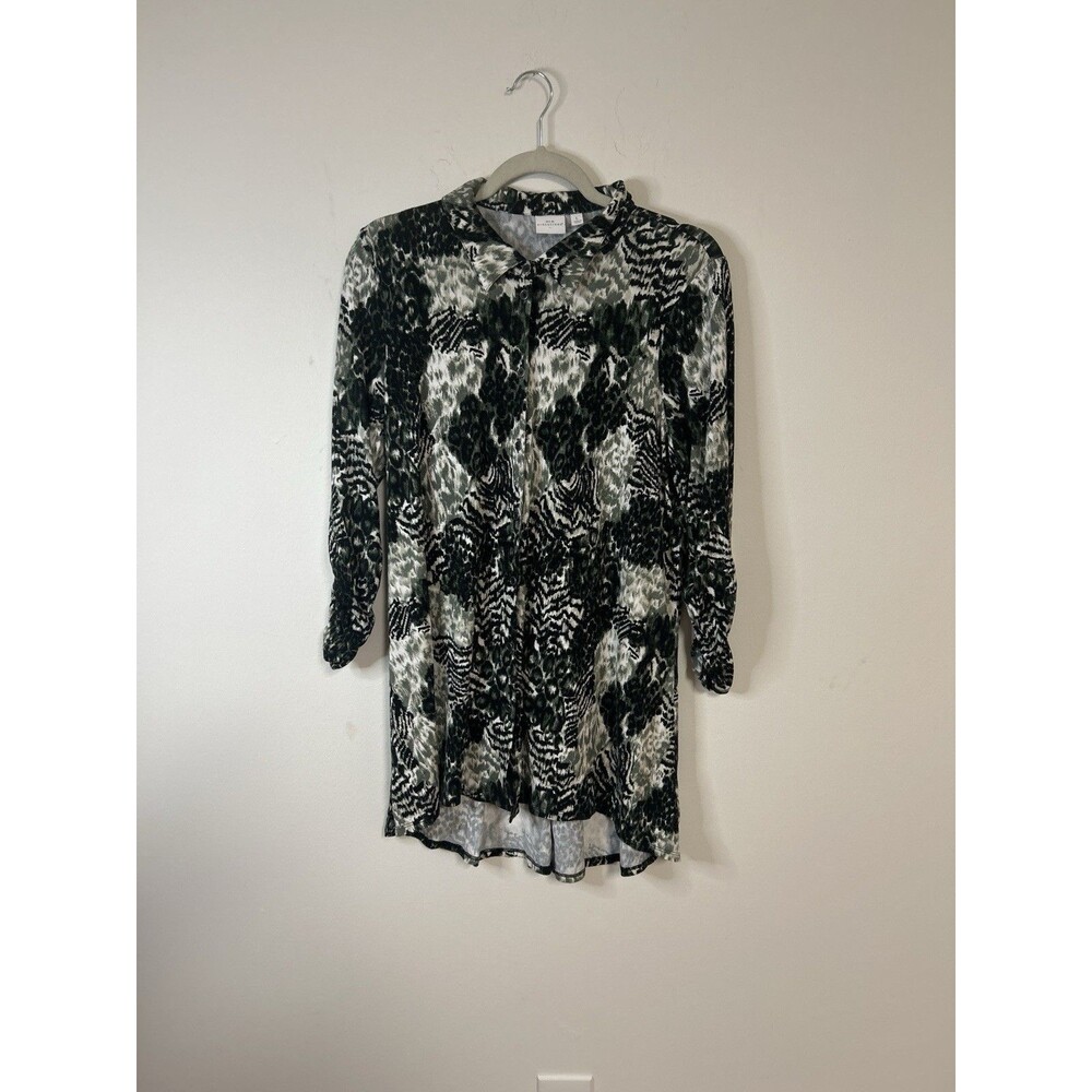 New Directions L Abstract Animal Print Button Front Tunic Top Green Black